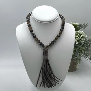 Nakamol Dragon Vein Agate Beaded Necklace with Gray Suede Leather Tassel Pendant